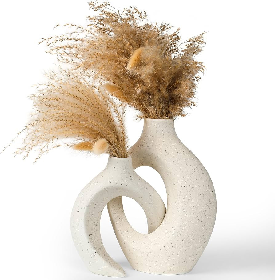 Donut Vase Set of 2, Beige Ceramic Boho Pampas Grass Entryway Decor | Amazon (US)