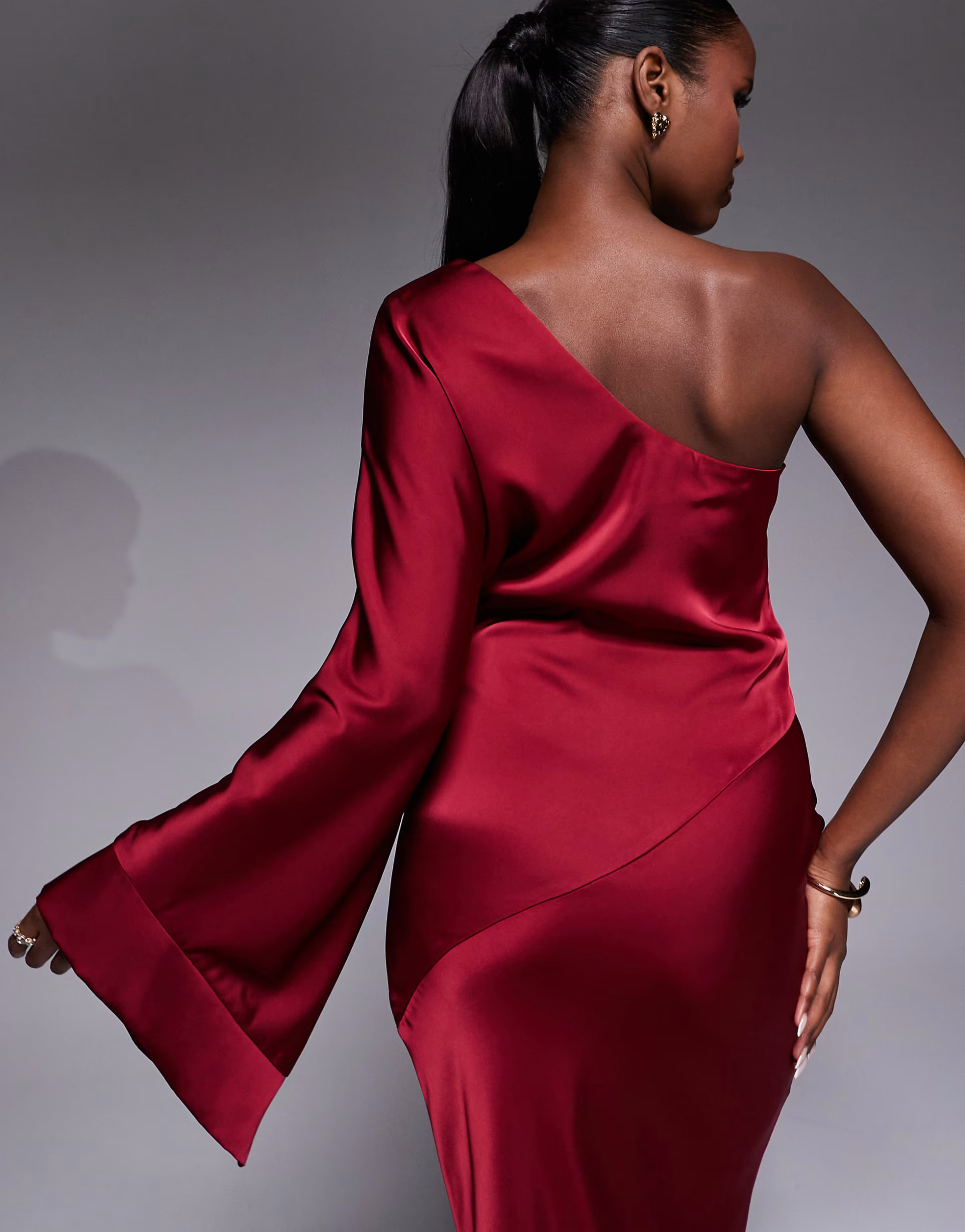 JLUXLABEL Femme satin bell sleeve one shoulder maxi dress in red | ASOS (Global)