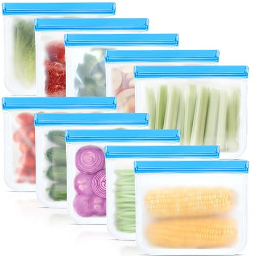 10 Pack Reusable Silicone Food Storage Bags, Leakproof Dishwasher Safe Reusable Freezer Bags for Food Storage Containers, Lunch Bag for Sandwich, Marinate Meat, Salad Fruit 10.3'' x 7.9'' | Amazon (US)