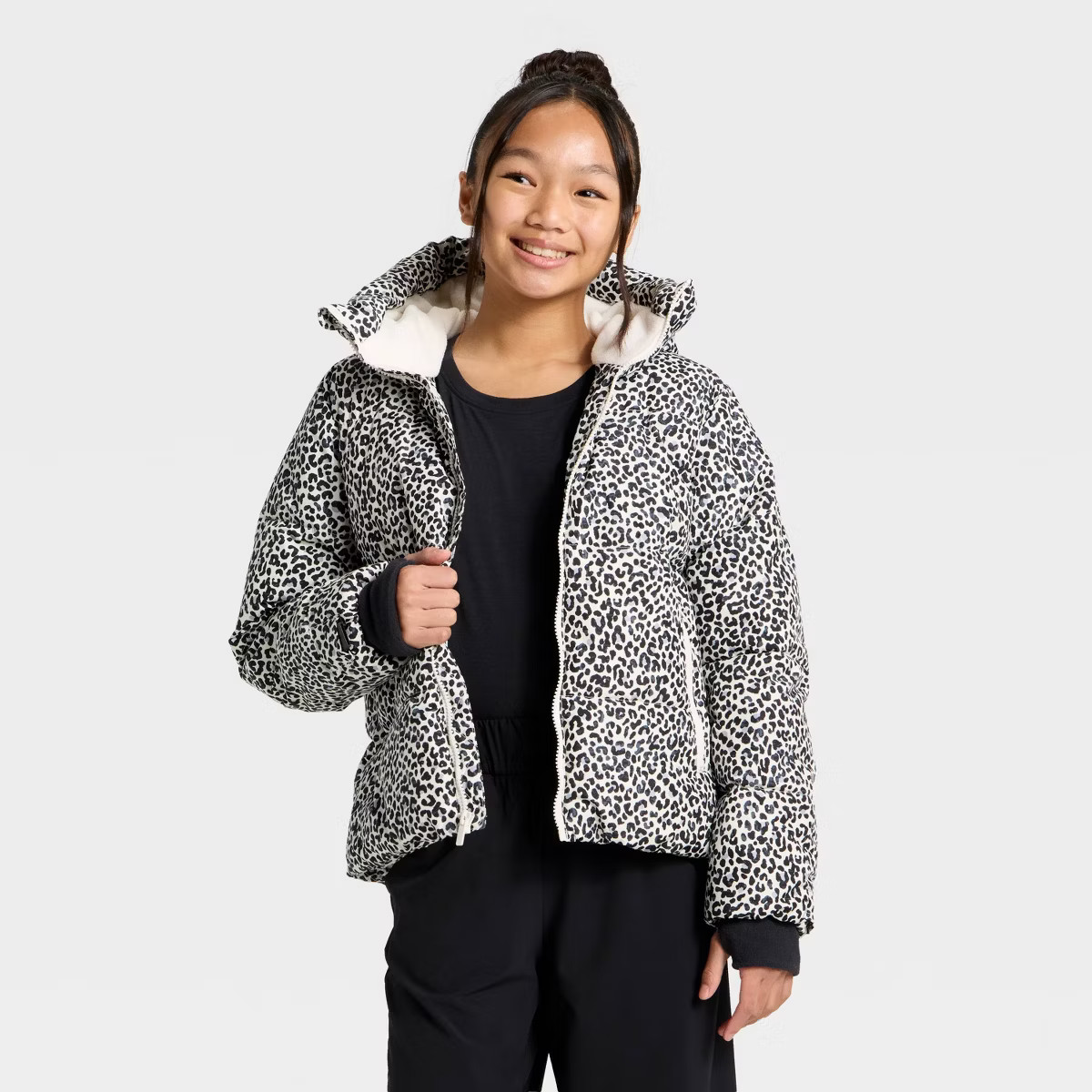 Girls' Leopard Printed Puffer Jacket - All In Motion™ Cream M | Target