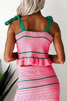 Women Crochet Knit 2 Piece Outfits Set Summer Striped Tie Shoulder Crop Top Bodycon Maxi Skirt Co... | Amazon (US)