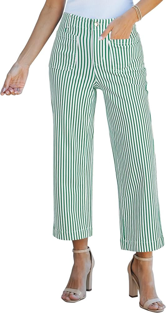 luvamia Striped Jeans for Women Trendy High Waisted Cropped Wide Leg Pants Stretchy Denim Patch P... | Amazon (US)