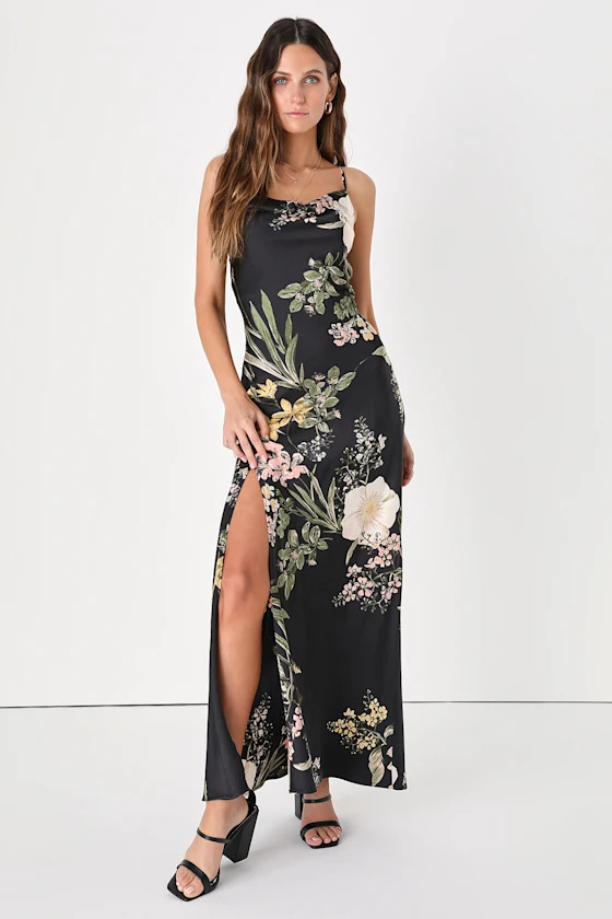 All About the Drama Black Floral Satin Cowl Neck Maxi Dress | Lulus (US)