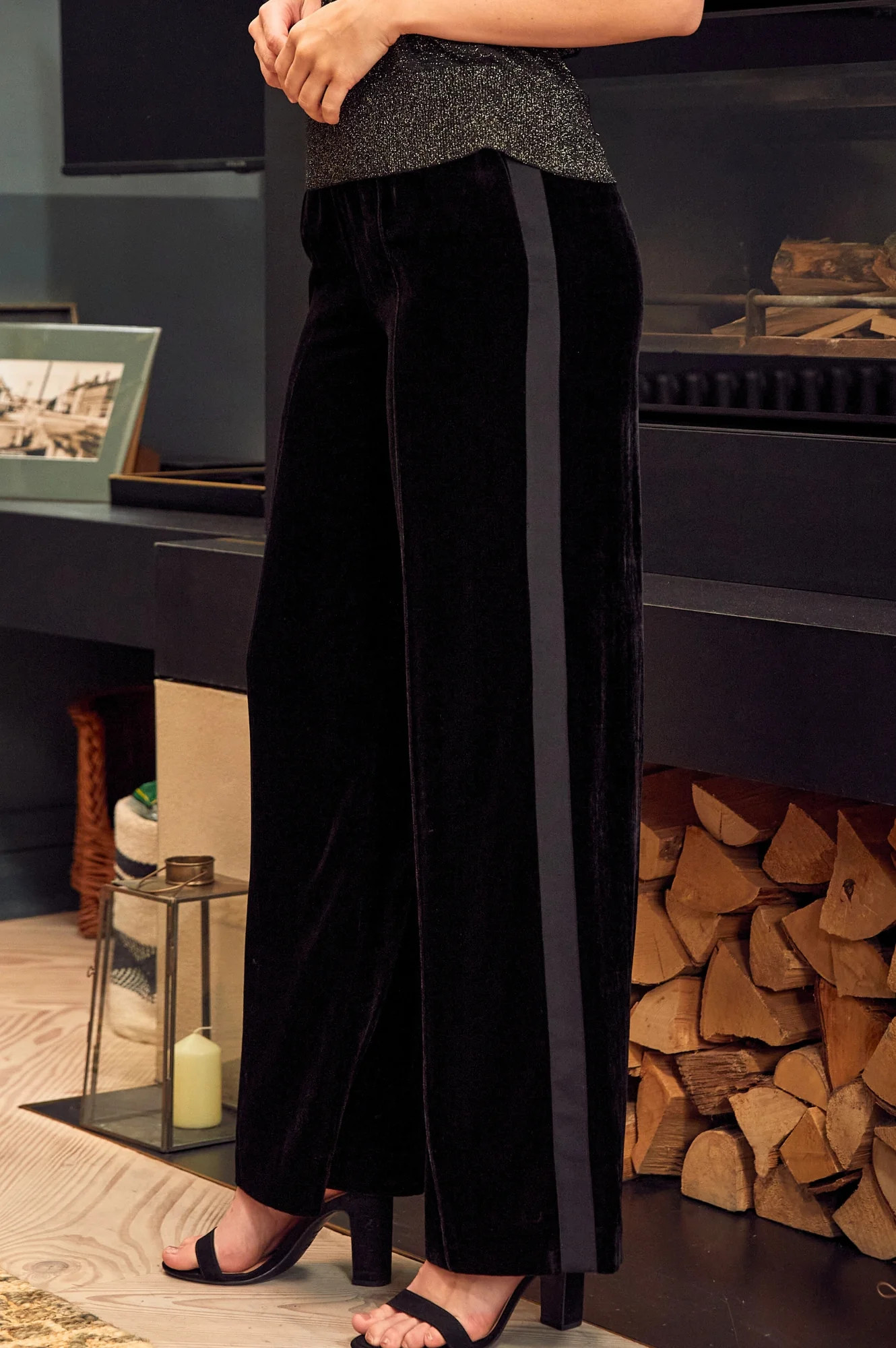 Velvet Side Stripe Trousers | Black | Aspiga