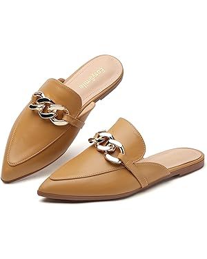 EasySmile Metal Chain Decor Flat Mules for Women Closed Pointed Toe Slip on Loafers Slides Backle... | Amazon (US)