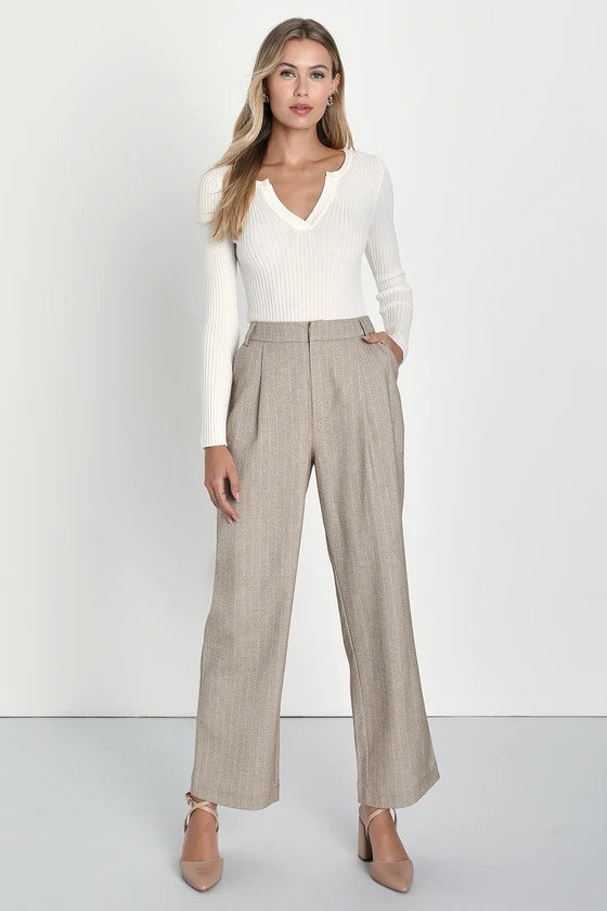 Professionally Posh Beige and White Pinstriped Wide Leg Pants | Lulus