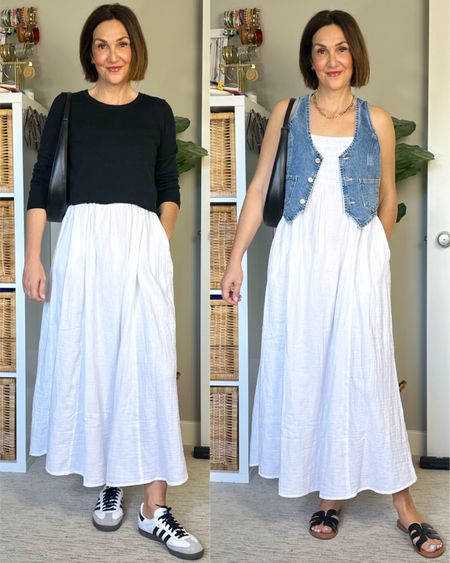White summer dress styled two ways!
I’m 5’ 7 wearing my usual S in this flowy and comfy maxi dress, it’s only slightly sheer and has pockets! 
The elastic belt comes in a 4 pack and expands to fit sizes 0-16
Wearing my usual S in this lightweight crew neck sweater, it’s nice quality and comes in tons of colors. 
Adidas Smabas fit big, in men’s sizes I wear t down 1.5 sizes, in women’s sizes I went down 1/2.
The black sandals fit narrow, I went up 1/2 size.
My vest is old but I linked similar styles plus my bag and chain necklace


#LTKShoeCrush #LTKOver40 #LTKStyleTip