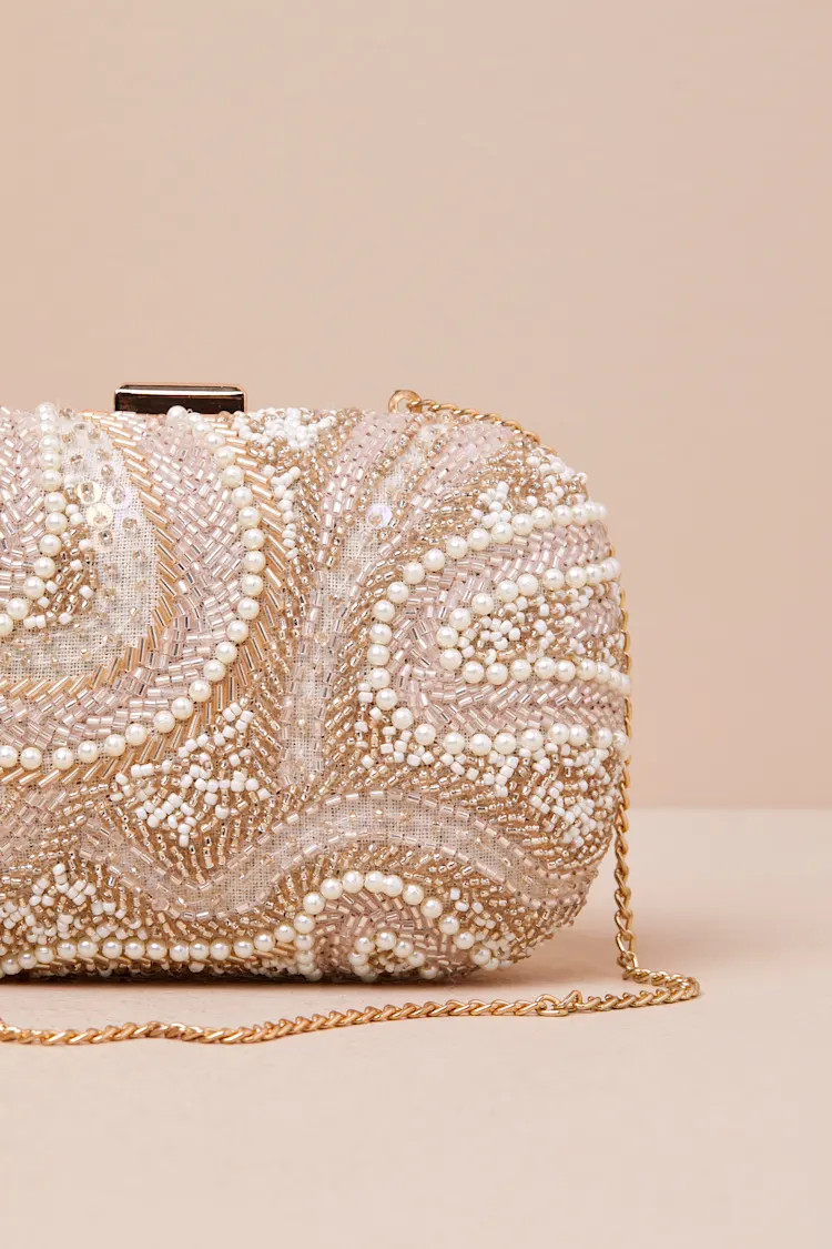 Upscale Idea Beige and Pink Beaded Pearl Hard-Sided Clutch | Lulus