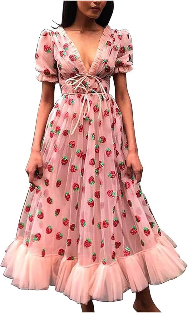 Embroidered Sequin Strawberry Cocktail Dresses Plunge V Neck Lace Up Pleated Mesh Midi Party Dres... | Amazon (US)