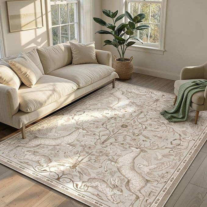 Lahome 5x7 Washable Area Rugs, Dorval Boho Deer Rugs for Living Room, Neutral Botanical Non Slip ... | Amazon (US)
