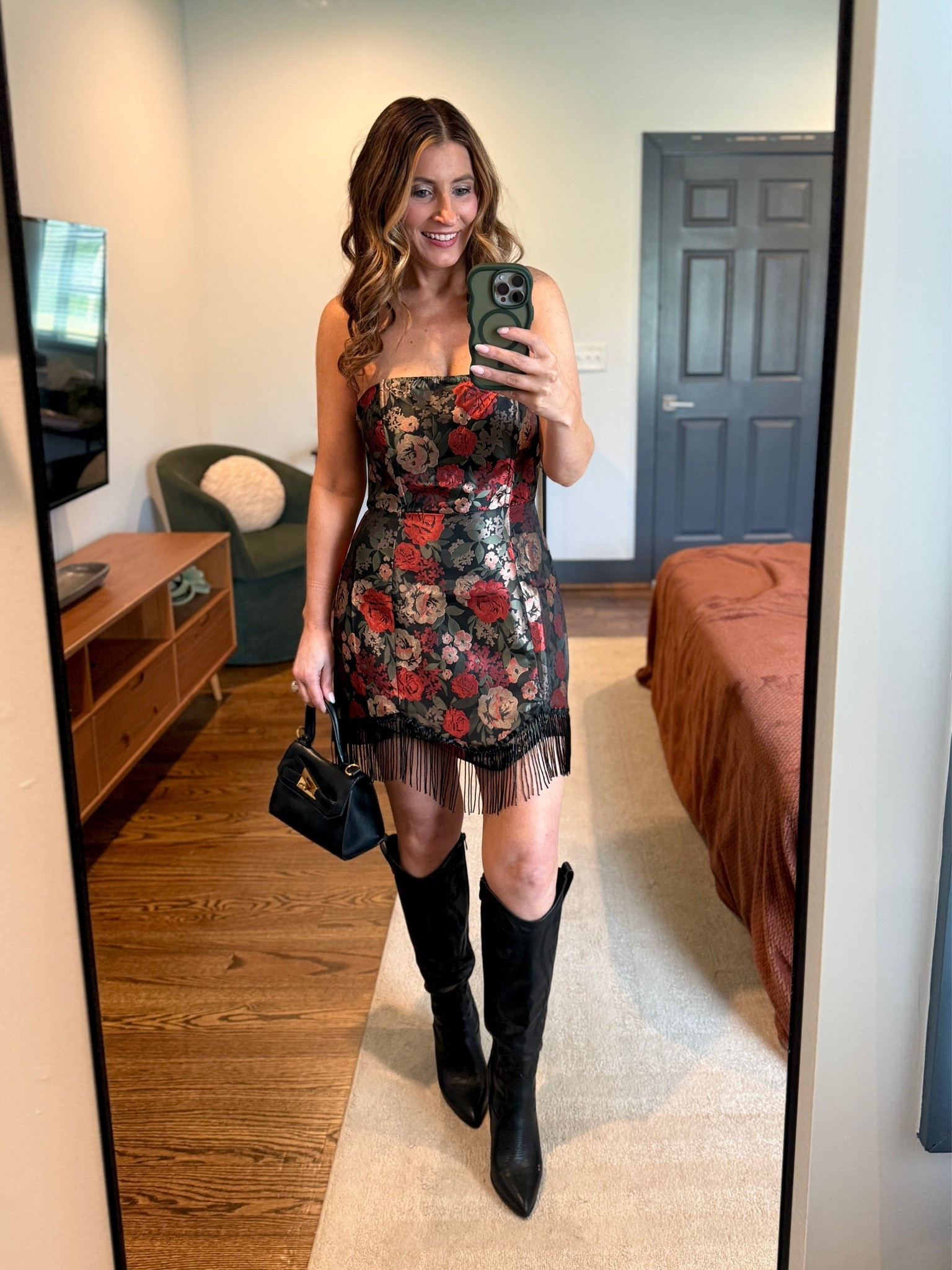 What I wore out in Nashville!

Lulu’s Black Floral Jacquard Fringe Mini Dress (size medium)
Amazon black western boots
Steve Madden look for less handbag

#LTKootd #LTKSaleAlert #LTKSeasonal