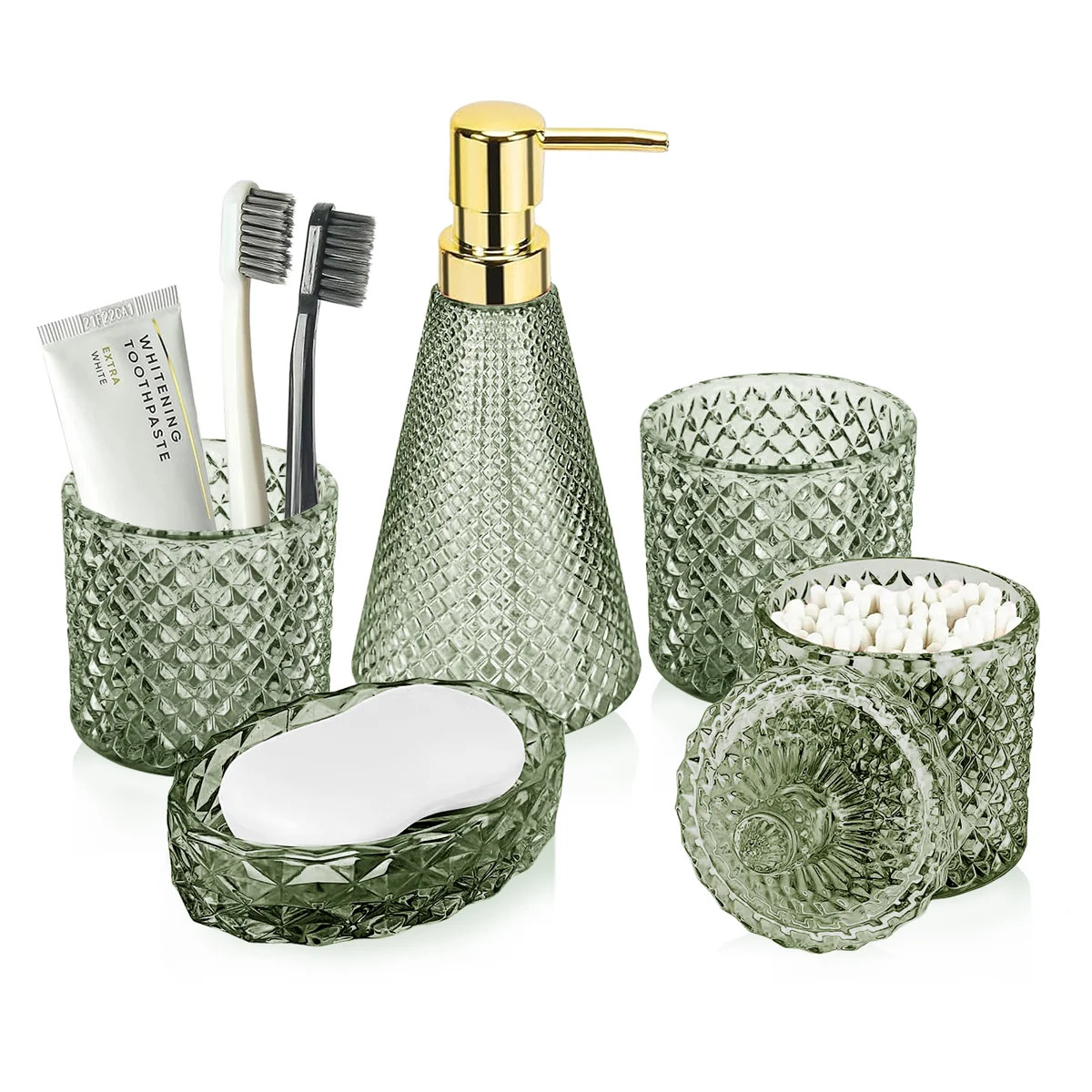 Bathroom Accessory Set, 5Pcs Bathroom Soap Dispenser Set, Green Glass Bathroom Accessory Set with... | Wayfair North America