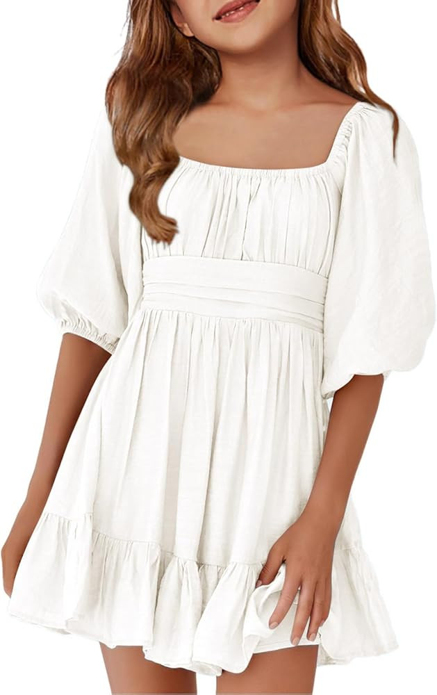 Girls Summer Dresses Square Neck Lantern Sleeve Tie Backless Ruffle A-Line Party Mini Dress | Amazon (US)