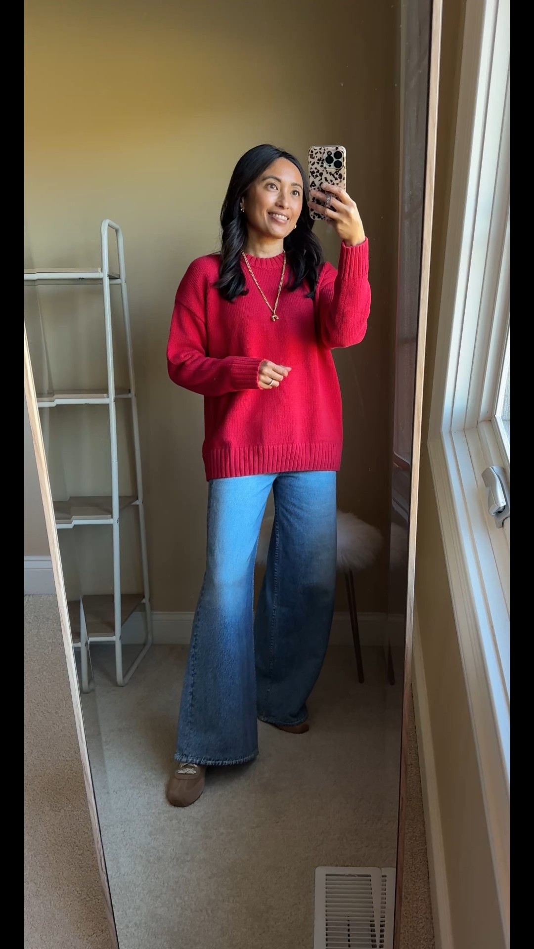 Holiday red, but make it casual. 
I love this classic red which is universally flattering. 
This is the perfect oversized 100% cotton sweater. I stayed true to size  It is available in multiple colors. 
I have had past seasons of their all cotton sweaters and still wear them. They wash and wear well. 
I plan on wearing this sweater mostly with jeans, but you could easily dress it up with black bottoms. 
Here I am wearing sweatpant jeans. 
Keeping the look casual with sneakers; would wear heeled booties for dress up. 
Gold jewelry looks great with this red. 


#LTKHoliday #LTKSaleAlert #LTKOver40