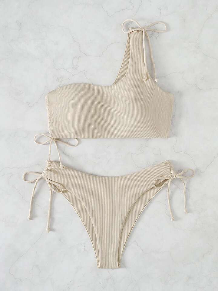 SHEIN Swim Summer Beach Rib One Shoulder Tie Side Bikini Swimsuit | SHEIN