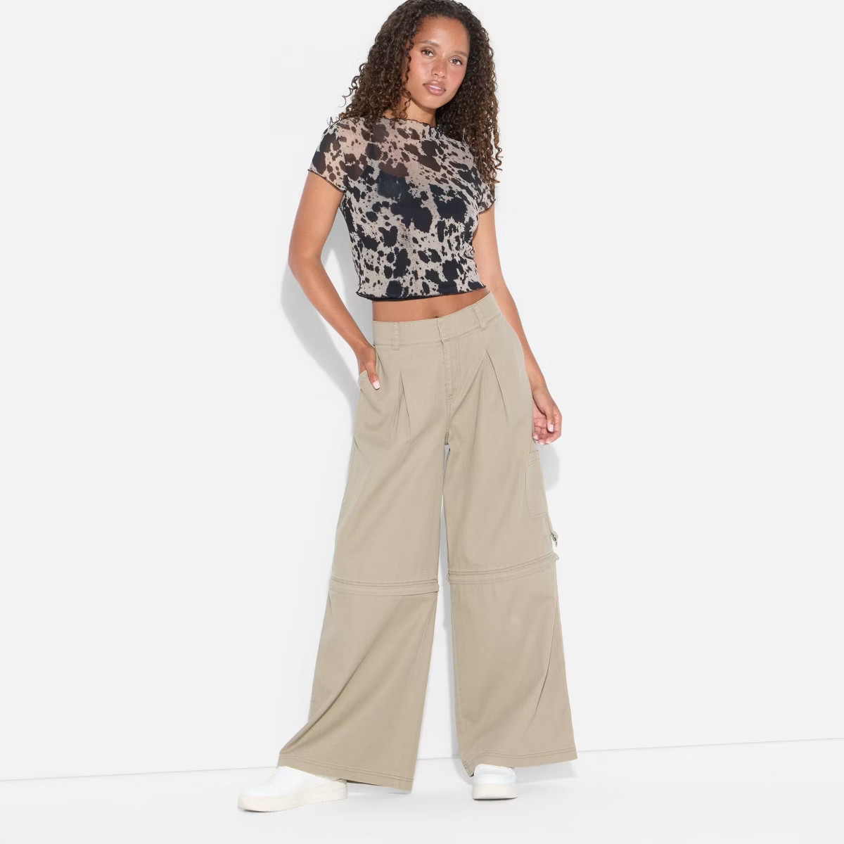 Women's Printed Cap Sleeve Ruff-Collar Blouse - Wild Fable™ Beige Cow Print L | Target