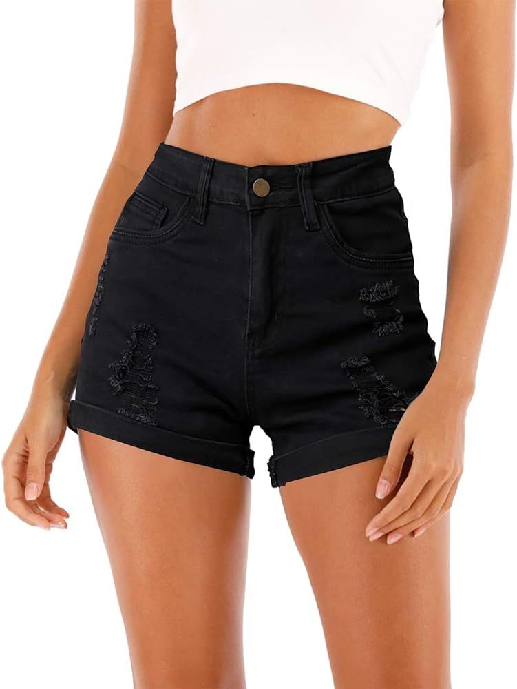 Cuihur Women's Summer Casual Denim High Waisted Folded Hem Distressed Ripped Jeans Shorts | Amazon (US)