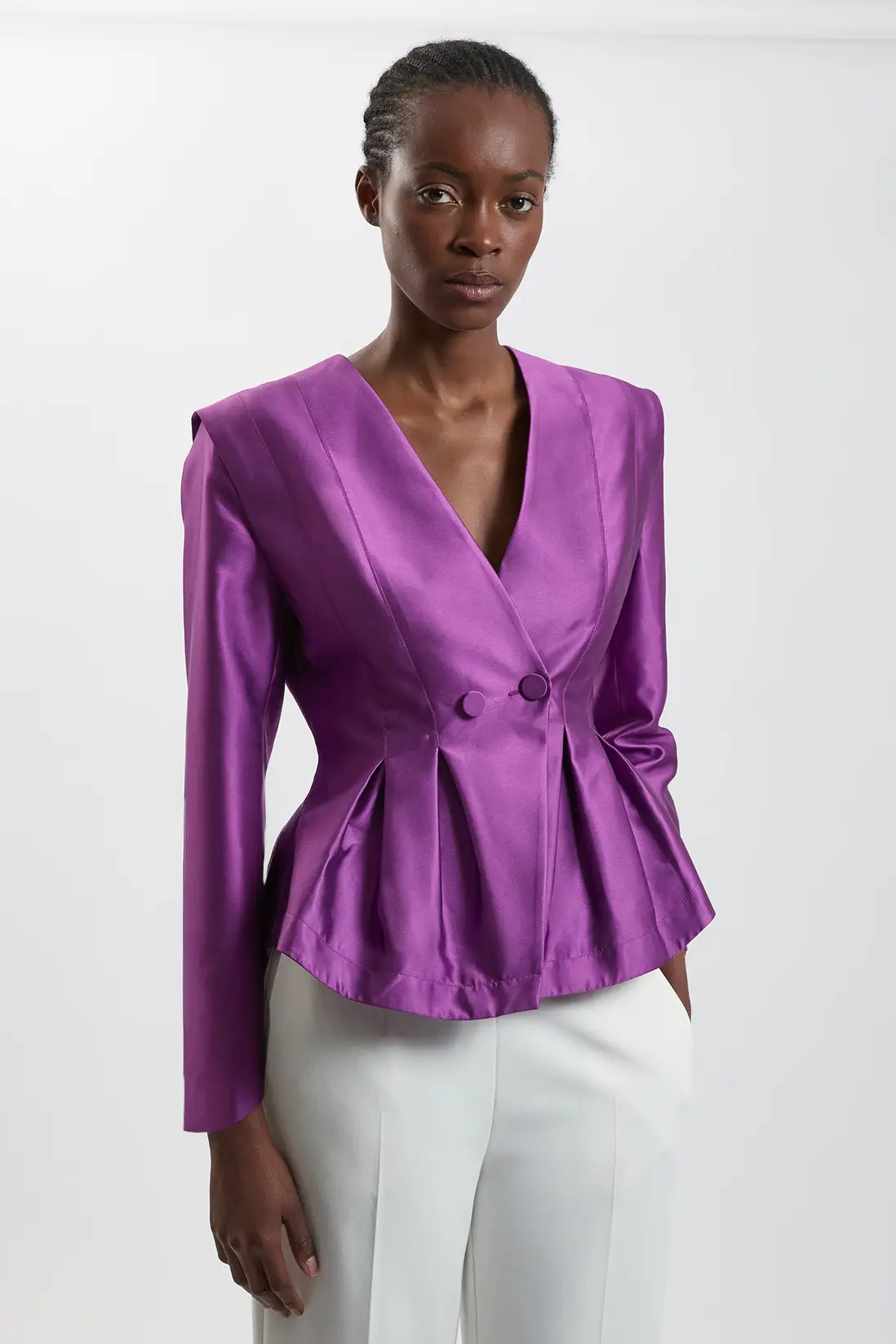 Magenta Structured Satin Peplum Tailored Blazer | Karen Millen | Karen Millen