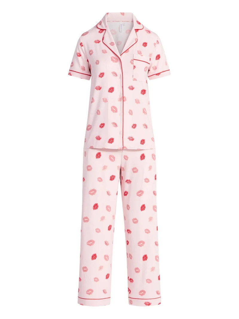 Joyspun Women's Dreamy Soft Collection Notch Knit Top and Capri Pants Pajama Set, 2-Piece, Sizes ... | Walmart (US)