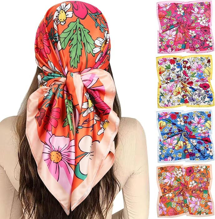 Silk Satin Square Head scarf for Women, 35" 4PCS Hair Bandana Neck Scarves | Amazon (US)