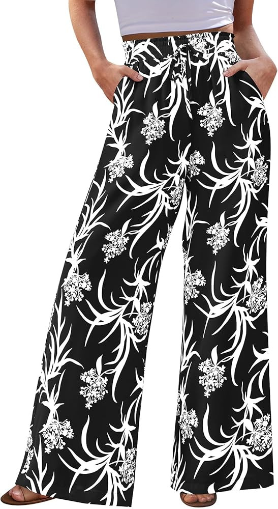 CFLONGE Palazzo Pants for Women Casual 2025 Summer High Waist Floral Wide Leg Pant Trendy Boho Tr... | Amazon (US)