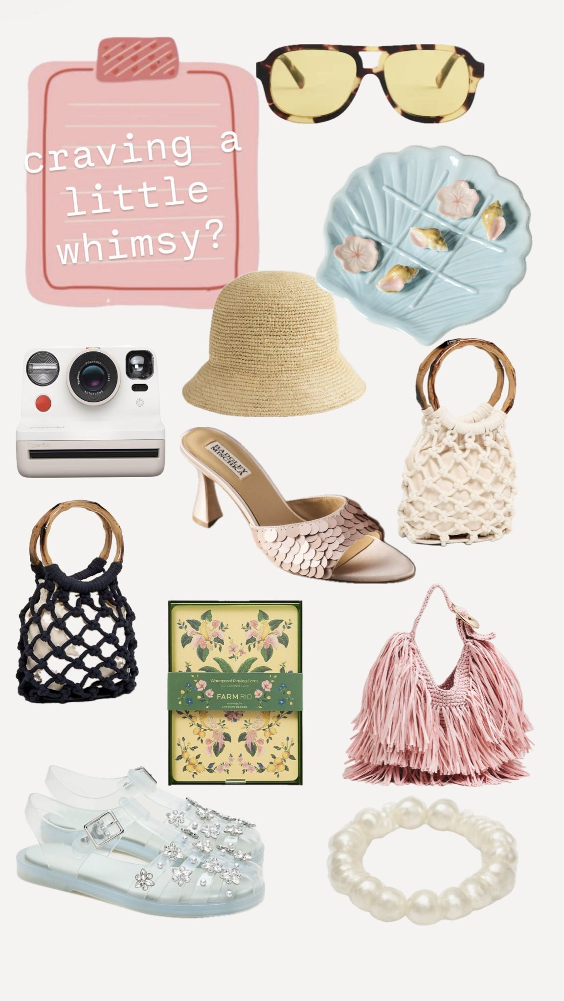 cute whimsy finds for Summer!
some of these finds are under $20! those rope bags are a steal!  I’ve seen the pink fringe hobo bag and i can’t stop thinking about it!
polaroid camera, Farm Rio cards to keep in your purse, shell tic tac toe for the table! Rhinestone jelly fisherman sandals!  I love it all🫶🏼

#LTKMothersDay #LTKxMadewell #LTKSaleAlert