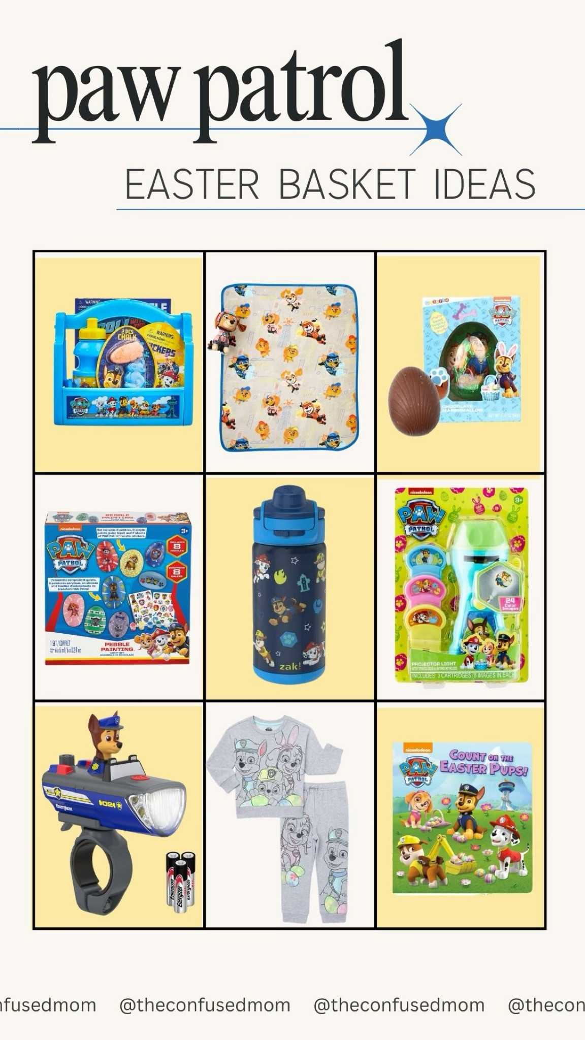 Paw patrol Easter basket ideas! Paw patrol themed basket, paw patrol blanket, chocolate egg, paw patrol themed egg decorating kit, insulated paw patrol water bottle, flashlight projector toy, paw patrol chase light, paw patrol set, Easter pups book. 

#LTKSeasonal #LTKfamily #LTKkids