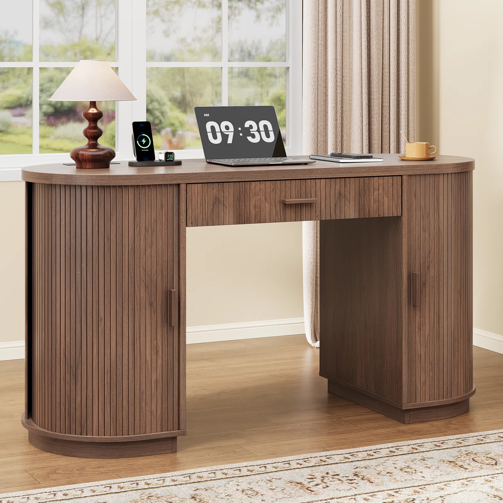57.9'' Mid-Century Executive Desk With 2 Storage Cabinets With Tambour Sliding Doors, Wood Home O... | Wayfair North America