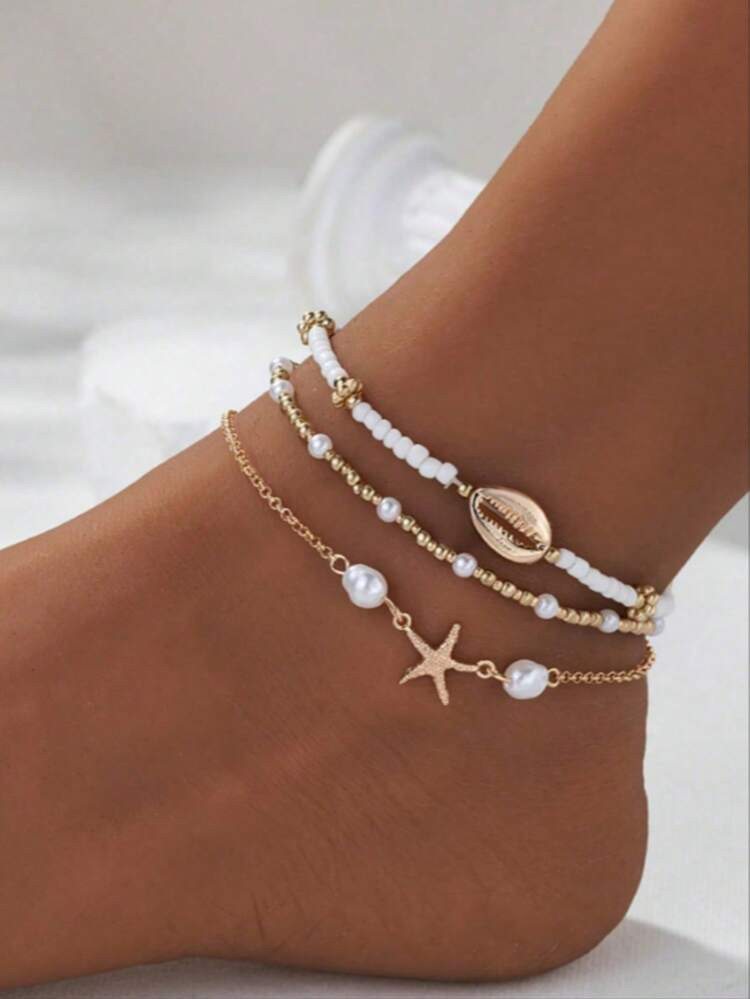 3pcs/Set Bohemian Beaded Shell Starfish Charm Anklet Bracelet Set For Women, Beach Vacation Party Accessories (Styles Vary) | SHEIN