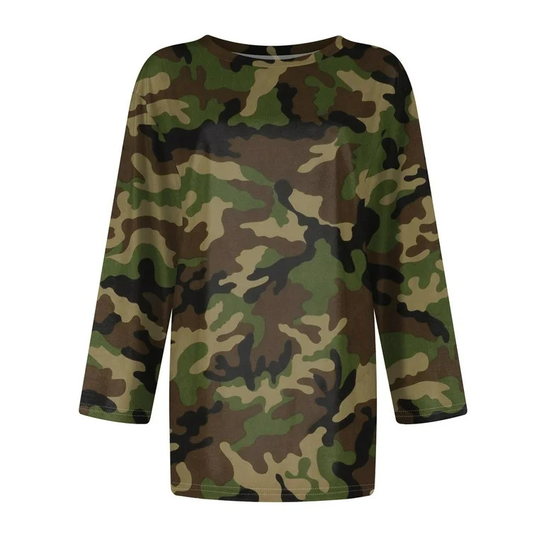 SAATLERI Womens 3/4 Length Sleeve Tops Camouflage Shirt Summer Tops Loose Fit Crew Neck T-Shirt C... | Walmart (US)