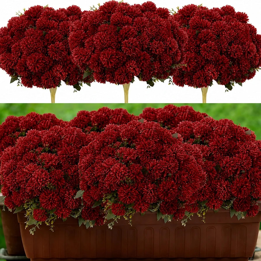 Thiccywoov 16 Bundles Artificial Fall Mum Flower Claret Fake Chrysanthemum | Amazon (US)