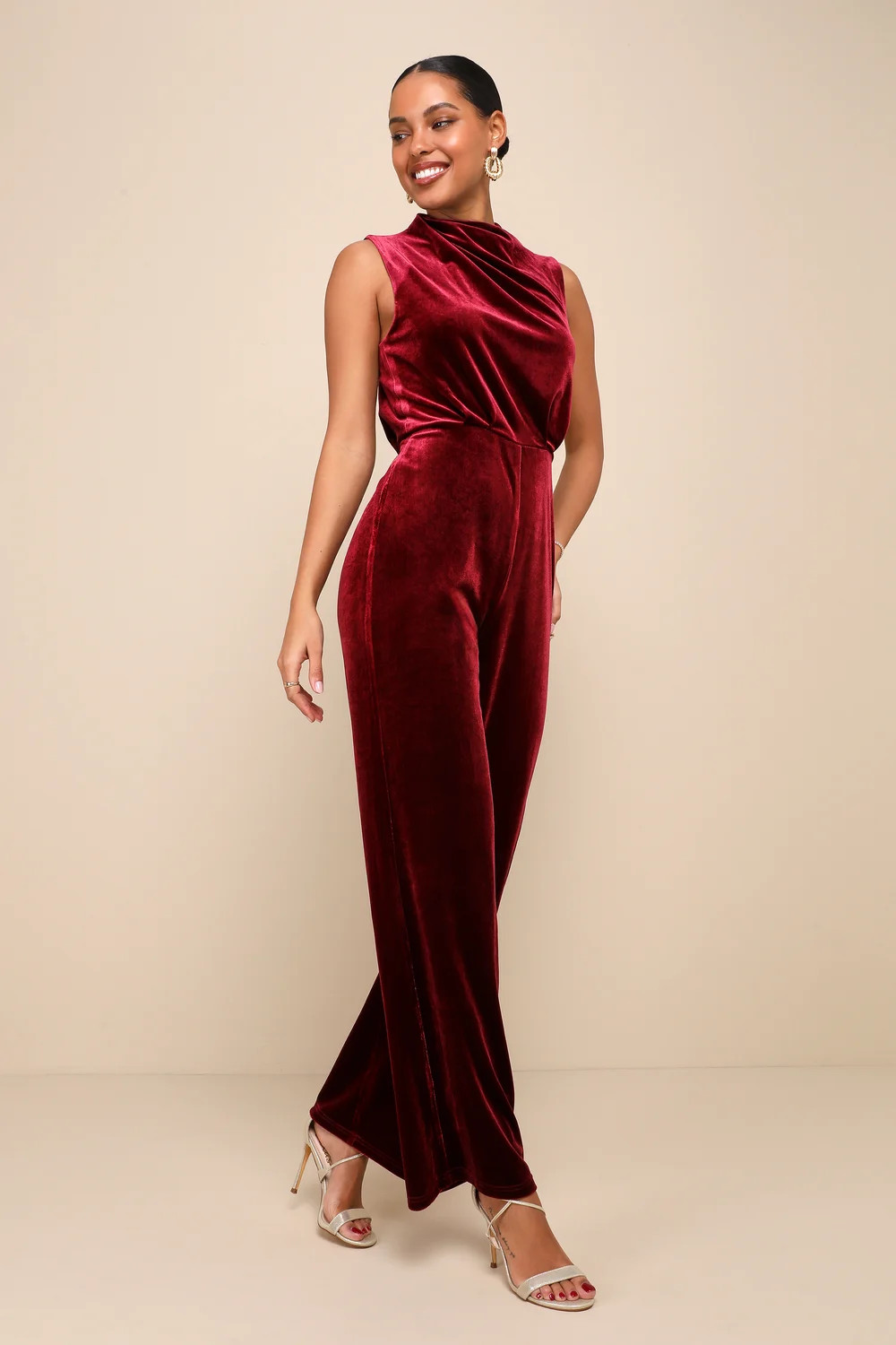 Essential Confidence Wine Red Velvet Mock Neck Jumpsuit | Lulus
