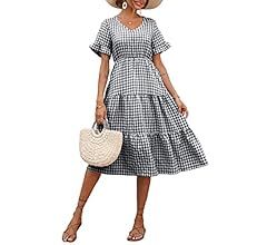 dowerme Women Casual Plaid Dress Ruffle Short Sleeve V-Neck A-Line Loose Fit Flowy Spring Tiered Ple | Amazon (US)