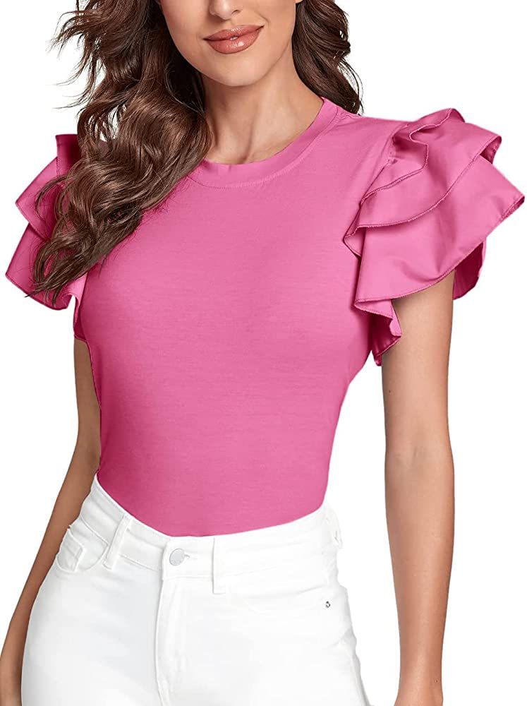 Verdusa Women's Layered Ruffle Butterfly Sleeve Round Neck Blouse Tee Top | Amazon (US)