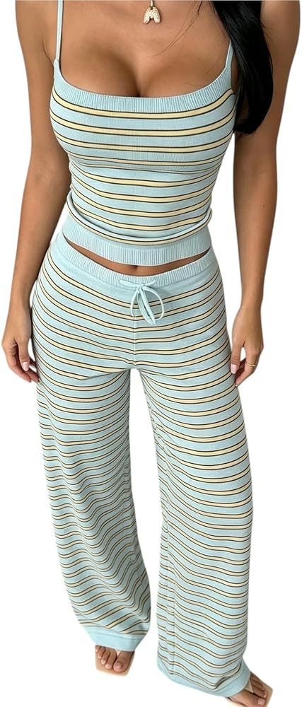 Women's Striped 2 Piece Lounge Set Cami Top Wide Leg Pants Outfi | Amazon (US)