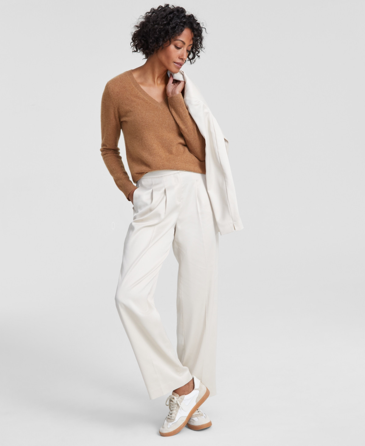 Charter Club 100% Cashmere Petite V-Neck Long-Sleeve Sweater, Created for Macy's - Warm Praline Heather | Macy's