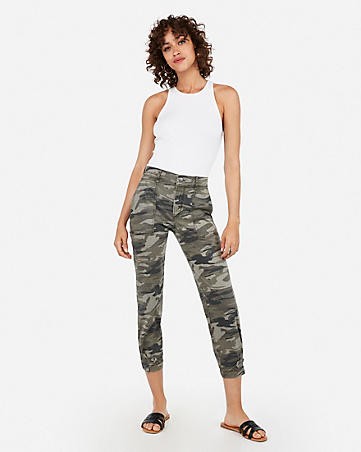high waisted straight cropped cinched hem camo pant | Express