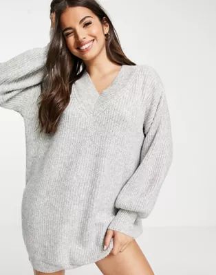 ASOS DESIGN knitted v neck mini dress in grey | ASOS (Global)