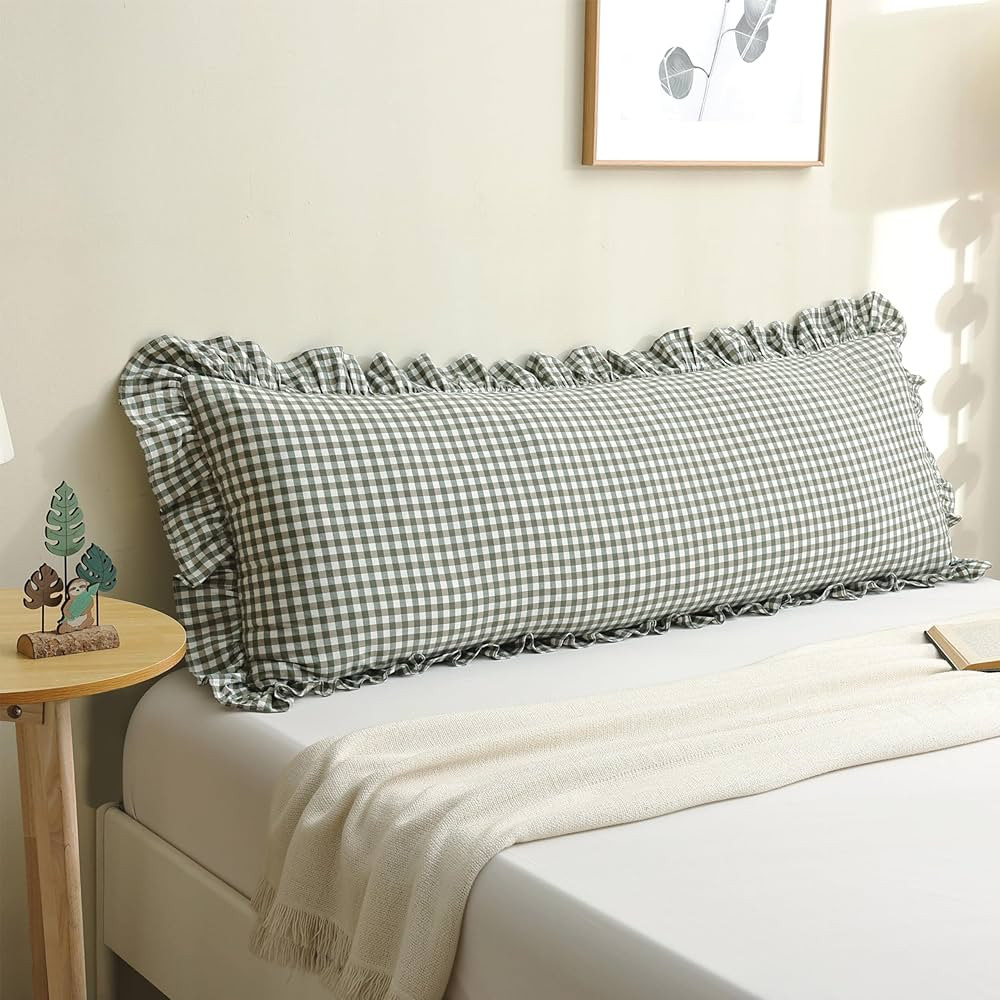 Vintage Gingham Ruffled Pillow Sham 20x54 Inches - Sage Green/White Plaid Farmhouse Decor | 100% ... | Amazon (US)