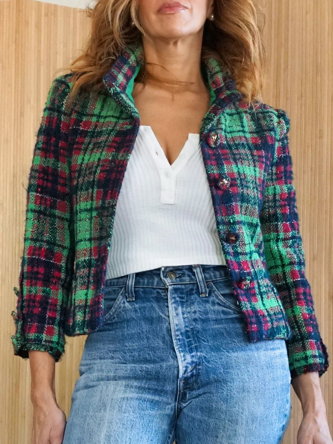 Vintage 60's Green Plaid Textured Red Wool Boucle Tweed Cropped Jacket Gold Chain Metal Detail Bl... | Etsy (US)