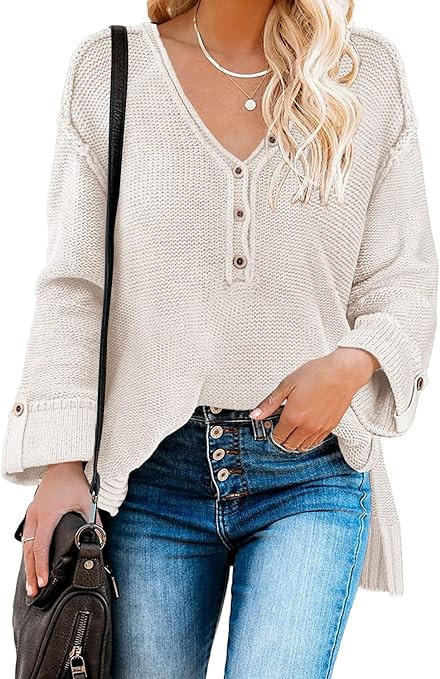 MIHOLL Women's Henley Long Sleeve Button Oversized V Neck Knit Pullover Sweater Jumper Tops | Amazon (US)