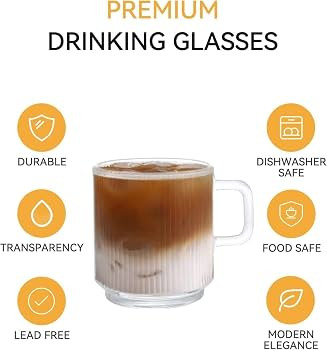 D.M DESIGN·MASTER [6 PACK, 12 OZ - Premium Glass Coffee Mugs with Handle. Transparent Tea Glasse... | Amazon (US)
