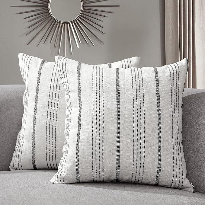 Sunlit Decorative Farmhouse Throw Pillow Case, Set of 2 Cream/Off-White with Black Stripes Modern... | Amazon (US)