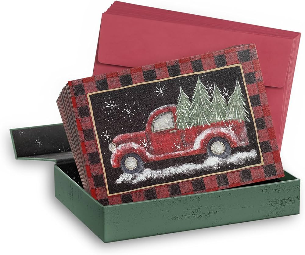 Masterpiece Christmas Tree Truck Cards / 16 Boxed Holiday Card Set With Coordinating Red Envelope... | Amazon (US)