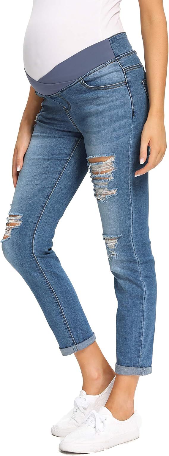 Foucome Women's Maternity Jeans Underbelly Skinny Jeggings Cute Distressed Jeans Comfy Stretch Pa... | Amazon (US)