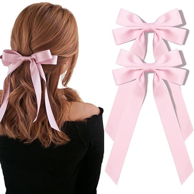 2PCS Silky Satin Hair Bows Pink Hair Ribbon Clips for women Ponytail Holder Hair Accessories Alli... | Amazon (US)