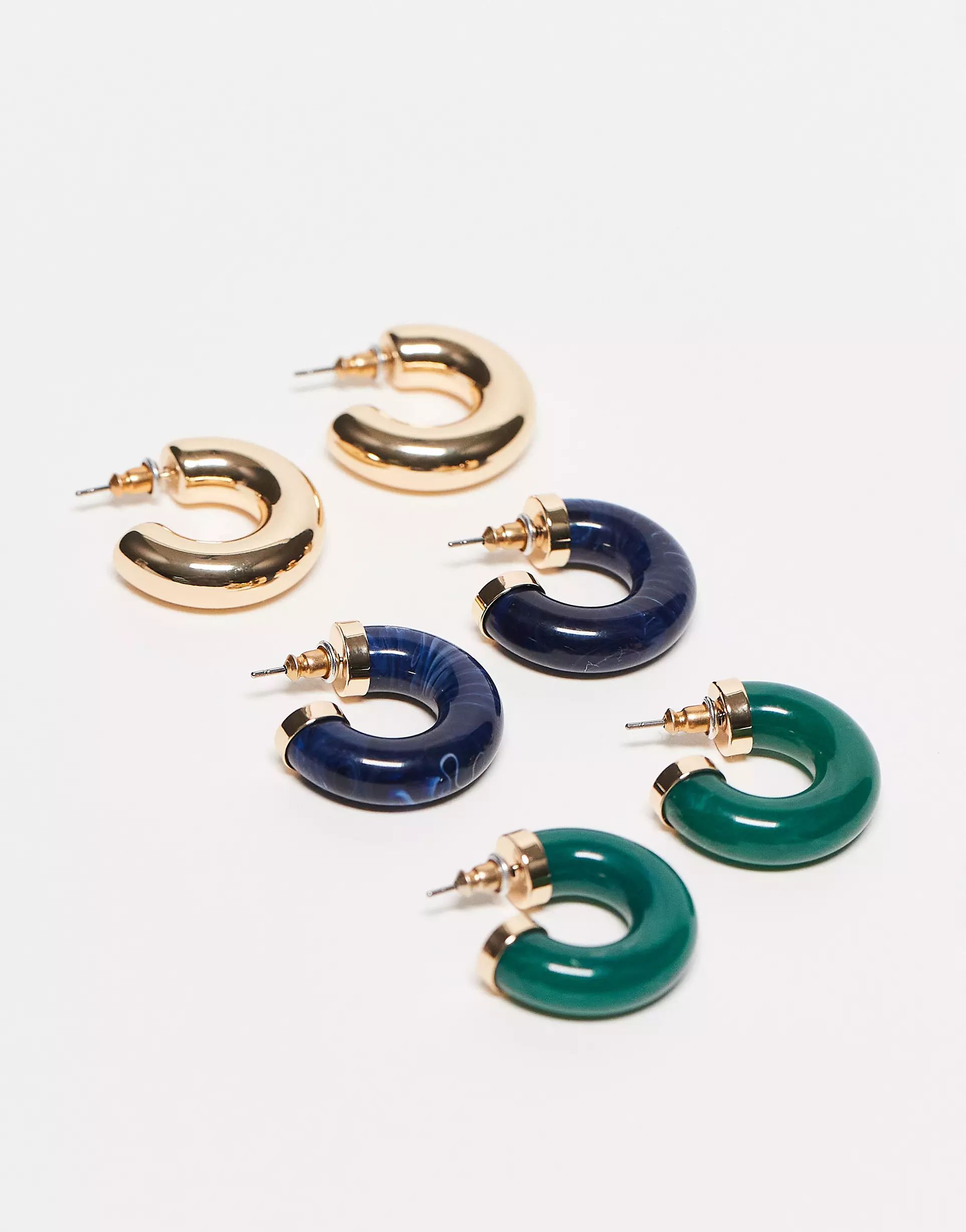 ASOS DESIGN pack of 3 hoop earrings with resin design in multi | ASOS (Global)