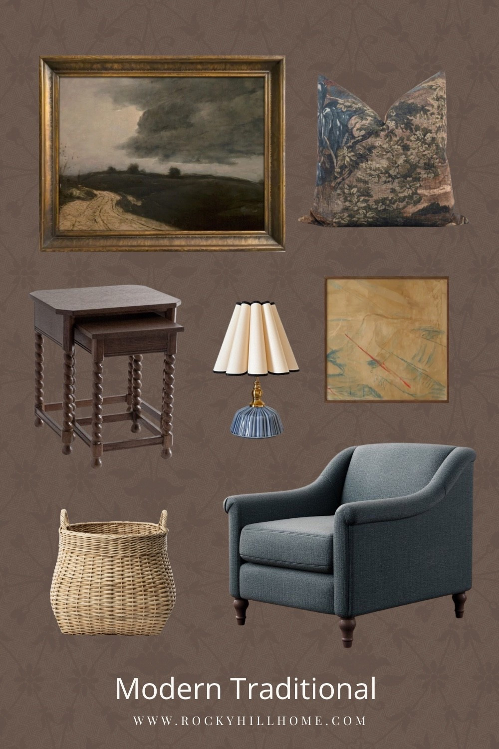 Curated: Charming Modern Traditional with Cottage Vibes

This modern traditional cottage furniture and decor collection, in a blue and yellow palette, has lots of heritage charm! 

Blue pottery barn chair, abstract art, vintage art, nesting side tables, blue tapestry pillow, mcgee and co woven basket,  blue accent lamp from etsy 

#LTKHome