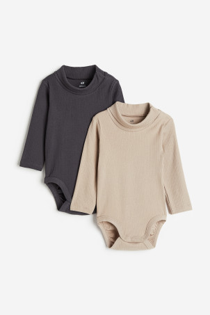 2-pack Ribbed Turtleneck Bodysuits - Light beige/natural white - Kids | H&M US | H&M (US + CA)