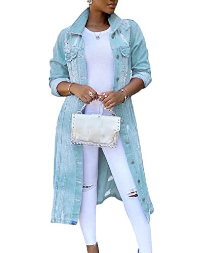 SOMTHRON Women's Distressed Denim Jeans Outfits Coat Long Length Spring Fall Ripped Outerwear Denim Jacket(LB-3XL) | Amazon (US)